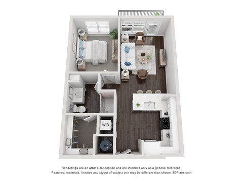 A 3D floor plan of a small apartment with a kitchen, living room, and bathroom.
